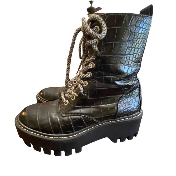Zara TRF Platform Black Lace Up Combat Boots Lug Sole Croc Embossed US 6 EU 36 - Picture 4 of 10